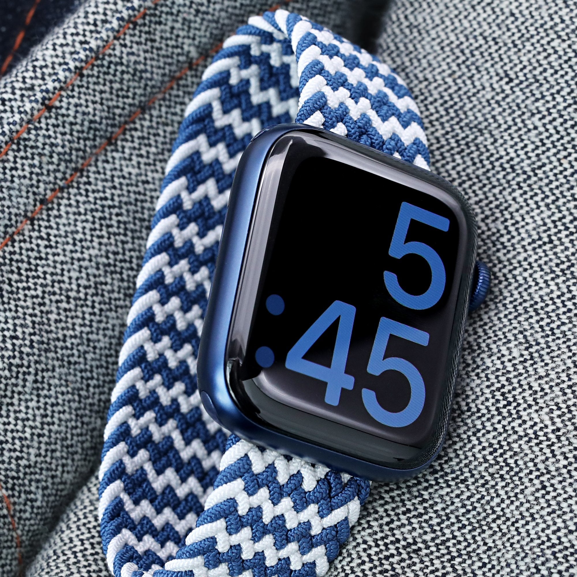 Stretchable Navy-White Solo Loop Braided Apple Watch Band for 44mm / 42mm models Strapcode Watch Bands